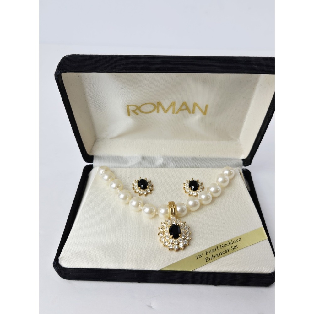 Vtg Roman Faux Pearl Necklace Pendant Enhancer Set w/‎ Matching Earrings